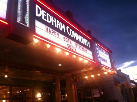 Dedham Community Theatre. Wheelchair Accessible. 580 High Street , Dedham MA 02026 | (781) 326-0409. 0 movie playing at this theater today, September 16. Sort by. Online showtimes not available for this theater at this time. Please contact the theater for more information. Movie showtimes data provided by Webedia Entertainment and is subject …